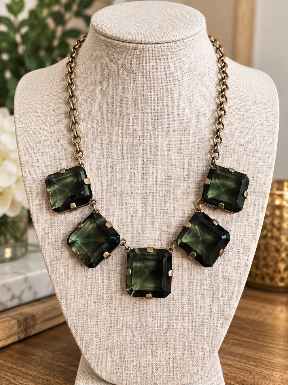 J. Crew Necklace Gold Tone Chunky Square Smoky Faceted Crystal Gems